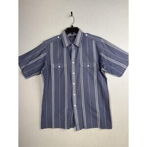 Christian Dior Monsieur Shirt Mens Large Blue Gray Striped Short Sleeve Epaulet